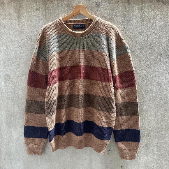 Vintage Sweater 90s Striped Crewneck Pullover Long Sleeve Tan Brown Size 1X - Picture 1 of 3